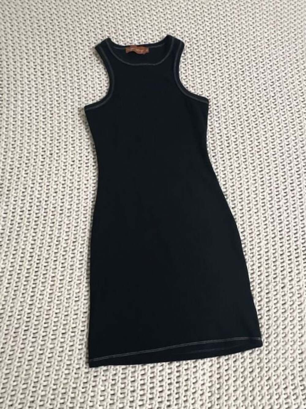 Black Botany Sleeveless Ribbed Mini Tank Dress with Contrast Stitching